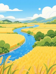 Obraz premium A vivid illustration shows a golden wheat field with a winding river under a blue sky dotted with white clouds.