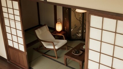 A traditional Japanese room features tatami floor, wooden furniture, soft lighting from a paper lantern, creating a serene and minimalist atmosphere.