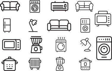 Collection of Essential Home Appliances and Furniture Line Art Icons for Interior Design and Modern Living Concepts