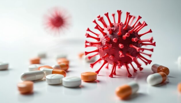 Red superbug microorganism overshadowing medicine pills, capsules on white background. Antibiotic resistance concept, infection, drug treatment, epidemic threat, public health challenge,