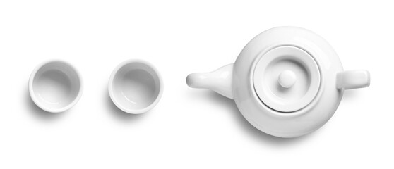 White Ceramic Teapot with Cups Top View 