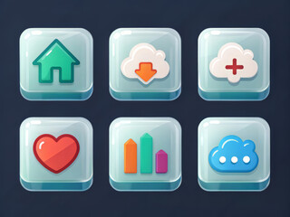 A collection of modern, stylized icons featuring a house, cloud downloads, cloud uploads, a plus sign, a heart, and a bar chart, presented on a dark background