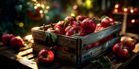 Wooden crate filled with fresh red apples on outdoor table in orchard, perfect for farm market ad, harvest promo