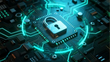 Fototapeta premium A glowing green security lock icon embedded in a circuit board represents advanced digital protection and cybersecurity.
