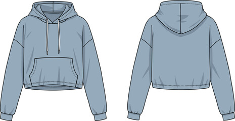 Cropped hoodie fashion flat sketch, front and back view, long sleeve, drawstring hood, kangaroo pocket, ribbed cuffs, casual streetwear apparel design © Md