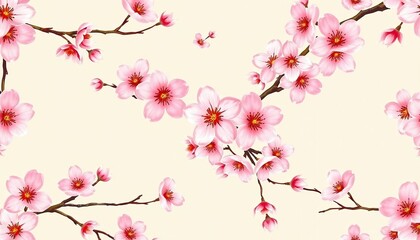 Fototapeta premium Seamless Traditional Japanese Sakura Pattern in Pink and GoldHigh-resolution seamless Japanese cherry blossom pattern featuring delicate pink sakura flowers with gold accents on a soft pastel 