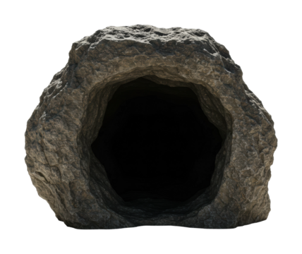 Exploring mysterious cave entrance outdoor landscape natural formation dark environment ground level viewpoint. Cut out png