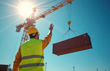 Construction site worker wearing hard hat, safety vest gives hand gesture to crane operator. Crane lifts shipping container under bright sun. Busy industrial zone with heavy machinery, teamwork,