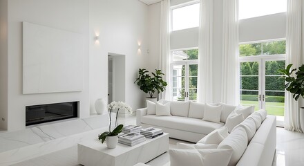 Luxurious modern living room featuring plush white sofa, marble fireplace, and abundant natural light