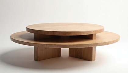 Modern wooden table with two round plates. Natural wood furniture offers rustic charm, contemporary style. Perfect for dining areas, cafes, home interiors. Clean lines, circular design complement