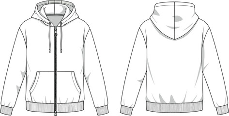 Hoodie fashion flat sketch, front and back view, vector template, casual zip-up sweatshirt design, drawstring hood, kangaroo pocket, ribbed cuffs, hem, clothing pattern outline © Md