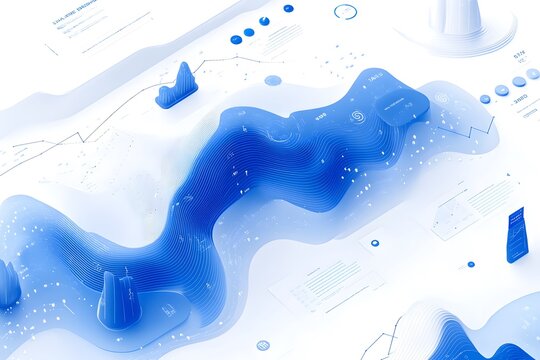 A flat lay of blue and white financial graphs, including bar charts, pie charts, and data points on paper, representing business analytics or market trends.