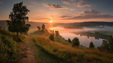 panorama of a summer landscape with sunrise, fog and the river, generated via ai