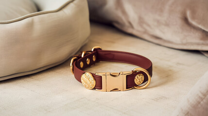 Closeup of a stylish brown leather pet collar featuring an opulent golden clasp with ornate detailing. Accessory rests on a soft, beige fabric background, highlighting its luxurious, refined design.
