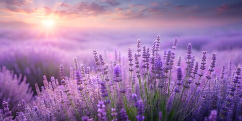 Fototapeta premium Photo of beautiful lavender field at sunset with purple flowers in bloom, a peaceful and aromatic landscape with a warm and calming atmosphere