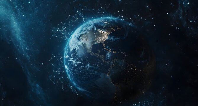 A dark blue background with the Earth in focus, surrounded by glowing connections representing global connectivity and data transfer,
