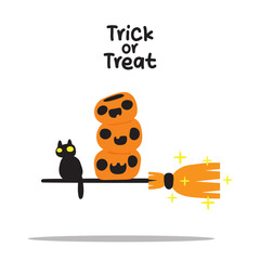 Cute Halloween vector flat illustration with black cat, pumpkins, broomstick and trick or treat text for holiday design and decor