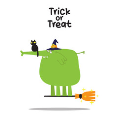 Funny green elephant in witch hat flying on broom with black cat. Cute Halloween vector illustration with Trick or Treat text.