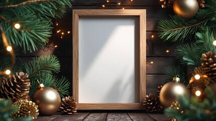 Ultra-Realistic Christmas Wooden Photo Frame Mockup with Pine, Ornaments, and Warm Festive Lighting in Rustic Holiday Setting &ndash; 8K Photorealistic Still Life