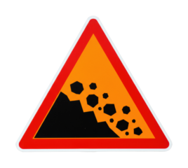 Warning sign for rockfall hazard near steep slopes outdoor environment safety visual. Cut out png