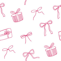 Seamless pattern with pink bows and gift boxes. Decorative background in a gentle hand-drawn style
