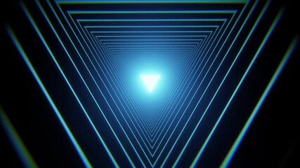 Blue triangles shape zooming light structures of wall. Hi-tech sci-fi tunnel. Trendy glow arrows direction tunnel. Fly through technology cyberspace. 3d render animation 4k - Powered by Adobe