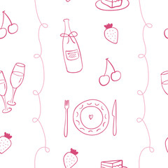 Seamless pattern with celebration and buffet items. Suitable for invitations, packaging and restaurant design