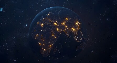 A dark blue background with the Earth in focus, surrounded by glowing connections representing global connectivity and data transfer,