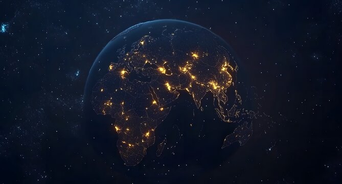 A dark blue background with the Earth in focus, surrounded by glowing connections representing global connectivity and data transfer,