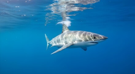 Obraz premium A great white shark swimming in clear blue ocean water near the surface of the water column view on transparent background