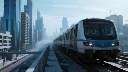 Naklejka premium A modern metro train travels through a bustling city skyline with tall buildings and urban architecture.