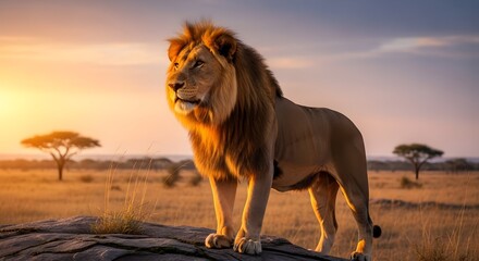 Lion standing proudly on a rock at sunset in the african savanna watching over his territory majestically on transparent background
