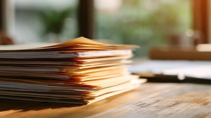 Neatly arranged financial documents on a wooden desk with warm natural lighting in a minimalist office.