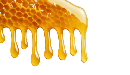 Golden honey dripping from a honeycomb structure isolated on transparent background