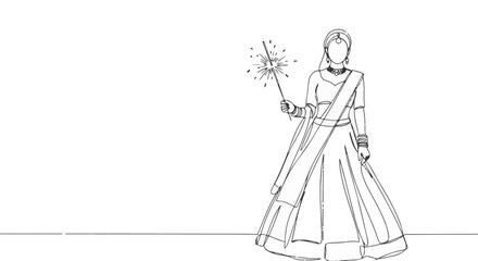 Fototapeta premium Minimalist Continuous Line Drawing of Girl in Lehenga with Sparkler