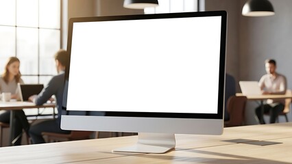 Realistic office mockup featuring a desktop computer with a blank screen, wireless keyboard, and mouse on a modern desk. Ideal for showcasing business websites, apps, and corporate branding.