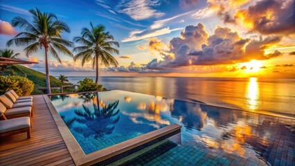 Obraz premium luxury infinity pool overlooking the ocean at sunset.