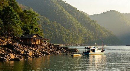 Serene Lakeside View: Wooden House on Rocky Shoreline with Boat and Forest Backdrop in a Calm Water Landscape.