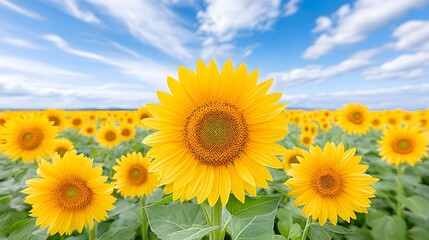 Obraz premium Vibrant Sunflowers Under Clear Blue Sky in Lush Green Field