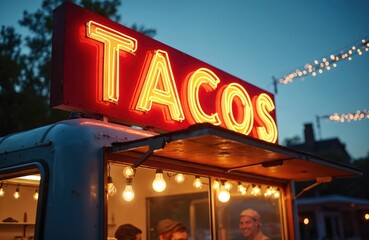 Neon TACOS sign illuminates a food truck at night, casting a warm glow on the street. Lively colors and city lights create a vibrant atmosphere for late-night dining and quick snacks.