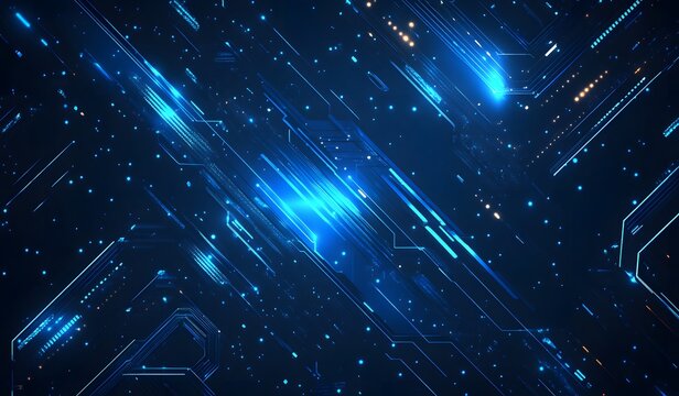 A blue background with glowing arrows and bar charts, representing growth in business or market trends