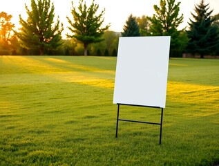 Blank white sign on an easel mockup standing on a green lawn during a beautiful sunset, perfect for advertising or event announcements.