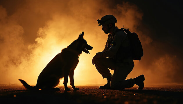 Silhouette of soldier, K9 dog against dramatic floodlights, smoke during nighttime scene. Image highlights loyalty, partnership, strong bond between handler, canine. Military service, protection,