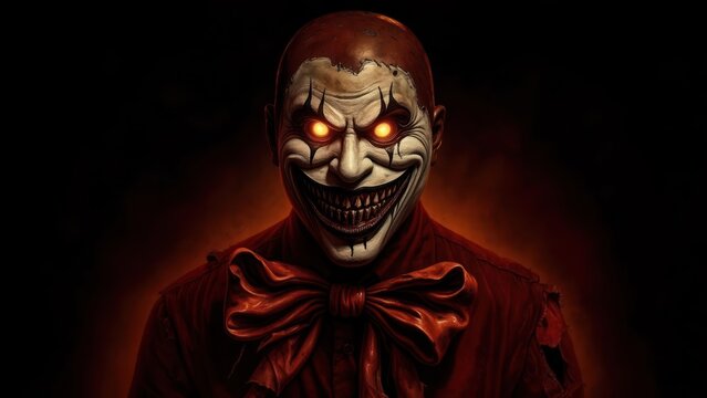 Terrifying Clown with Glowing Eyes and Menacing Grin in Dramatic Lighting