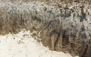 Varadero,Cuba, gorgeous inviting view of an old, naturally formatted volcanic cliff  sitting on white sand beach near the ocean shore,