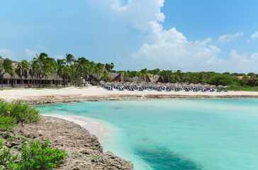 Varadero,Cuba, gorgeous inviting view from old volcanic cliff to  beautiful white sand beach,tranquil turquoise ocean,sunny day