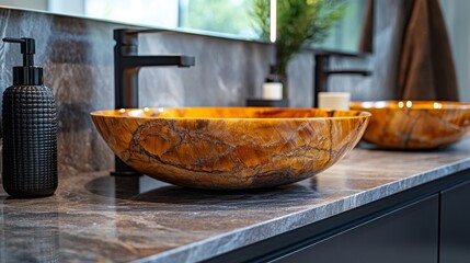 Contemporary bathroom interior highlighting onyx vessel sink feature and exquisite stone countertop detail for upscale spa ambiance and premium real estate marketing advantage with refined style