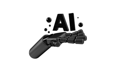 Futuristic robotic hand making a dynamic gesture, symbolizing AI and advanced technology. 3D rendered mechanical arm isolated on white background, ideal for sci-fi, automation, and innovation concepts