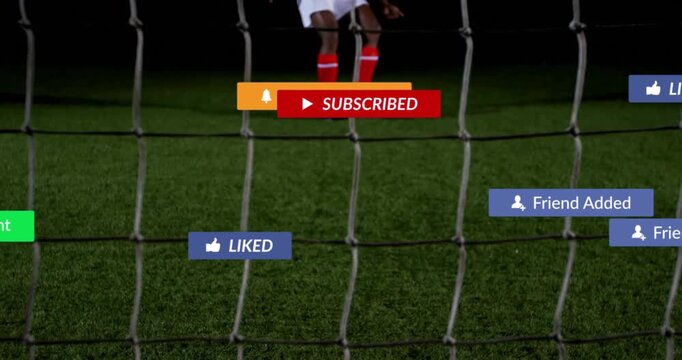 Soccer player tapping play prompt spawning social media badges while kicking ball and keeper diving - Powered by Adobe