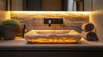Stylish bathroom arrangement featuring rectangular onyx sink illumination and sleek faucet detail for sophisticated spa aesthetic and premium real estate marketing allure with refined interior charm